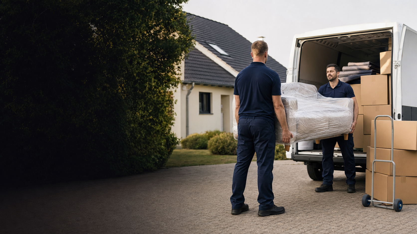 Zwei Umzugshelfer in logosloser Arbeitskleidung transportieren ein verpacktes Sofa
