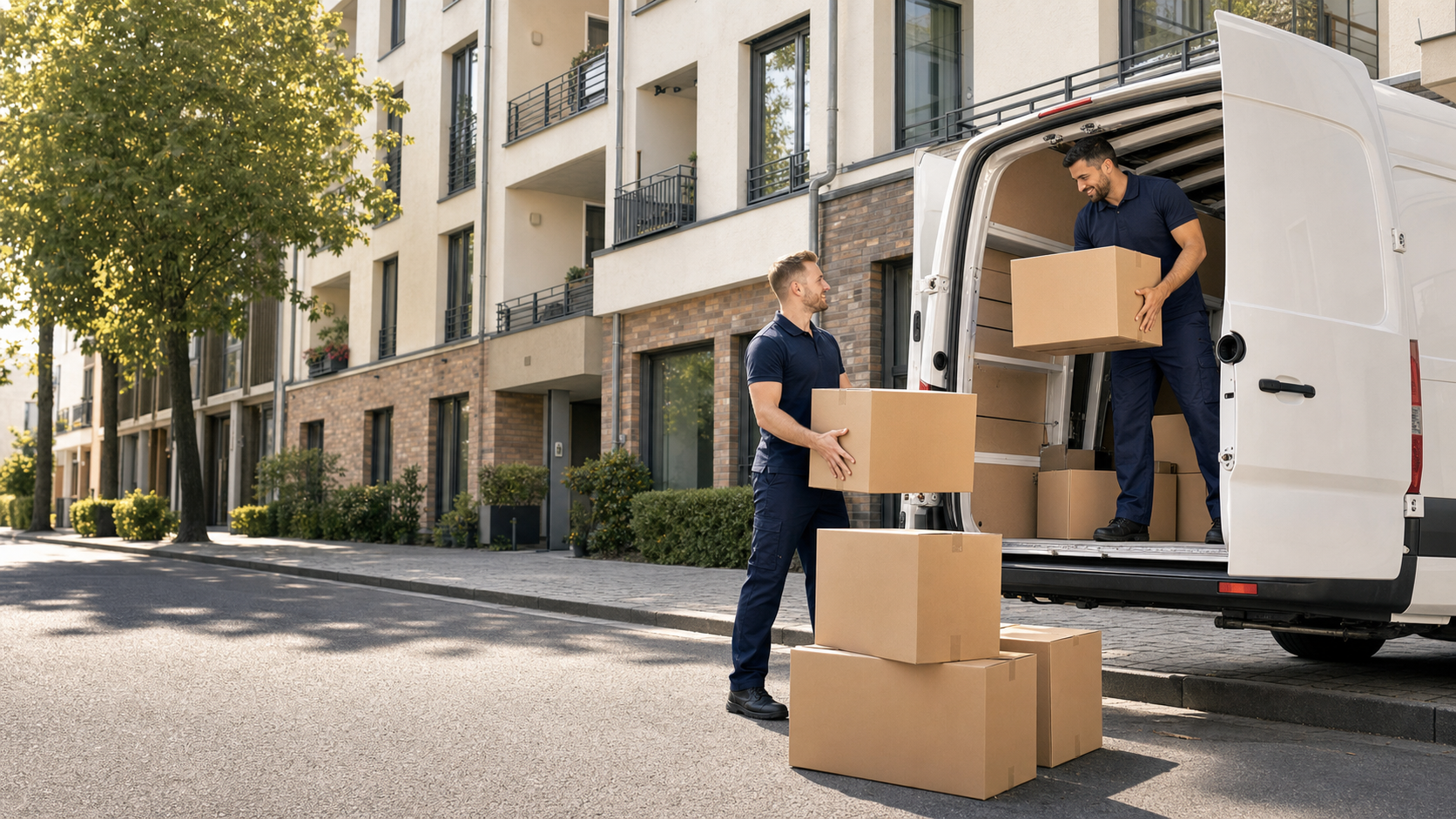 Zwei Umzugshelfer in logosloser Arbeitskleidung verladen Kartons in einen Transporter