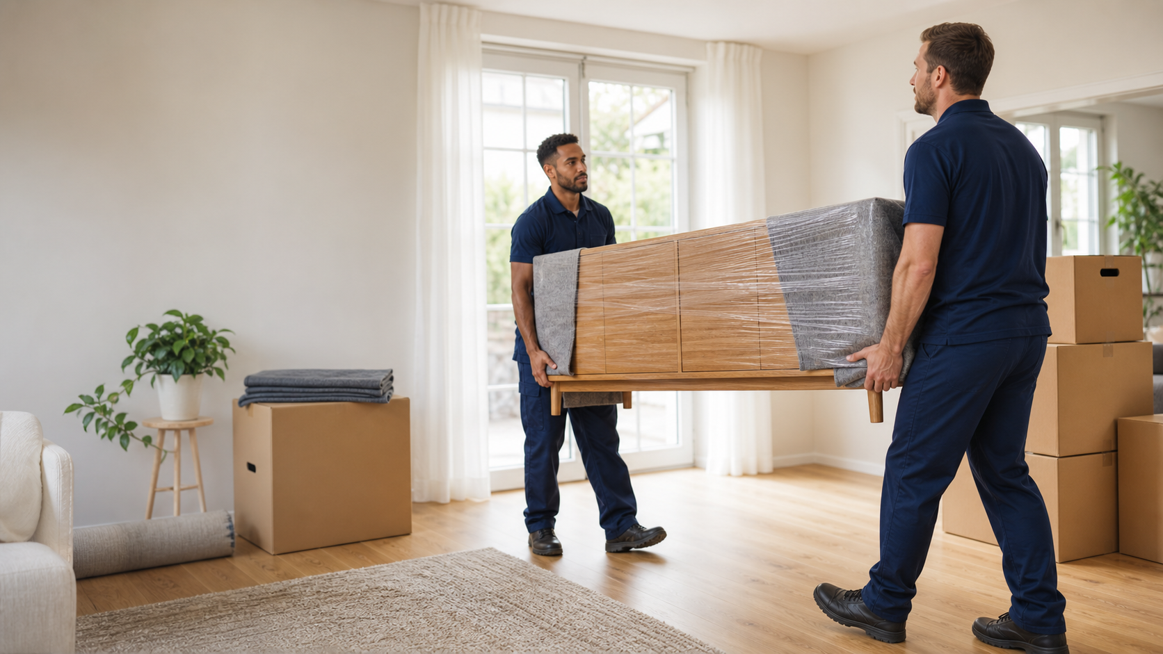 Zwei Umzugshelfer in logosloser Arbeitskleidung tragen ein geschütztes Möbelstück